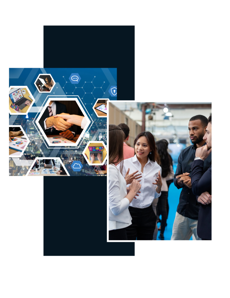 collage of business images of a dark blue background